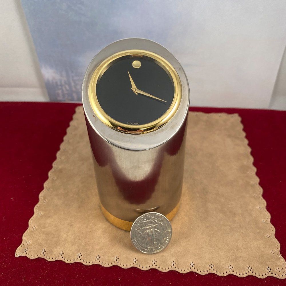 Movado Desk Tower Clock 4 inches tall 2 inches wide 2 Tone Gold and Silver